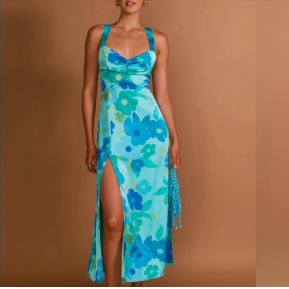 Show Me Your Mumu Mina Turquoise Floral Midi Dress Small Slit Resort Vacation - Picture 5 of 6